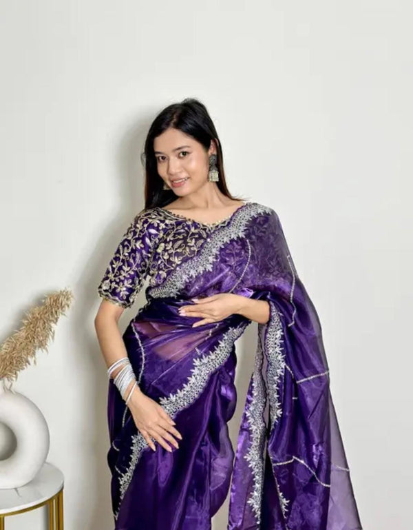 Maharani Velvet – Purple Mirror Work Saree with Designer Blouse