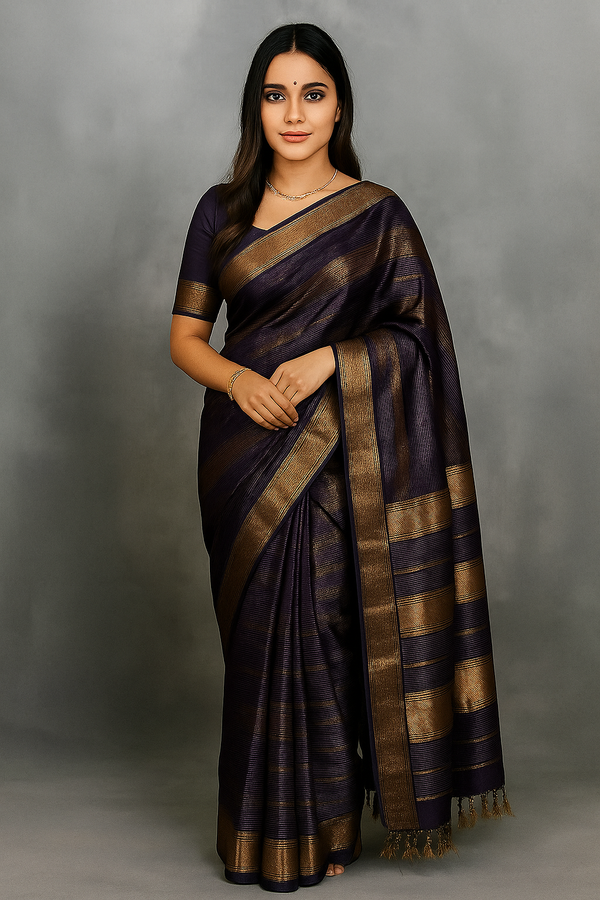 Svarnika – Pure Maheshwari Handloom Saree in Violet-Gold Stripes