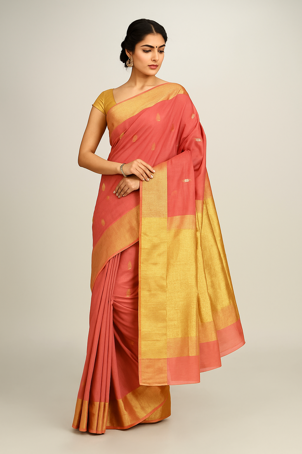Sharvika – Pure Chanderi Handloom Saree in Coral Pink with Gold Zari