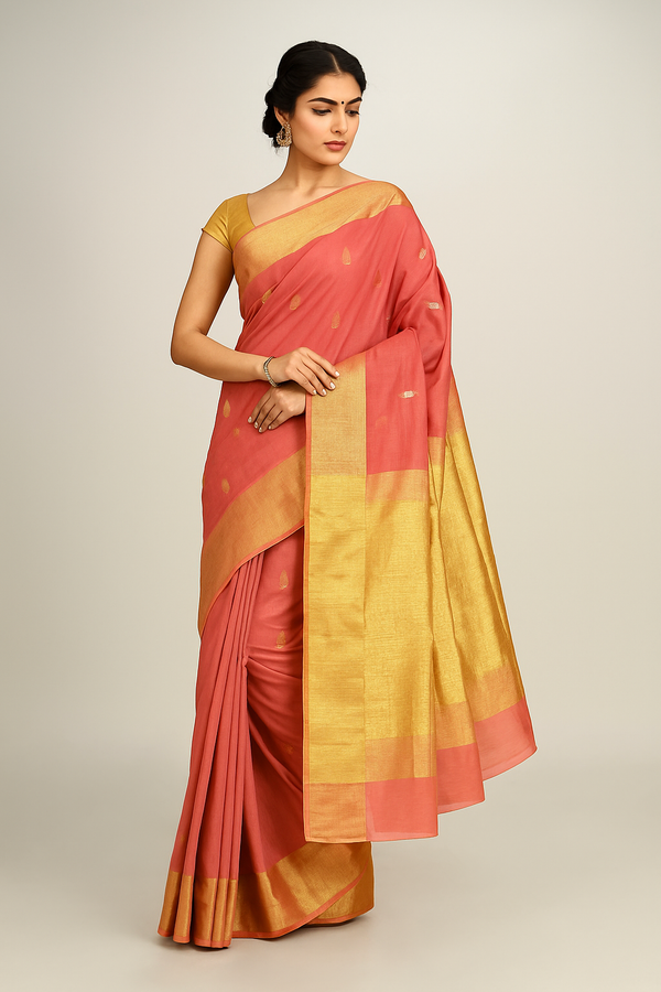 Sharvika – Pure Chanderi Handloom Saree in Coral Pink with Gold Zari