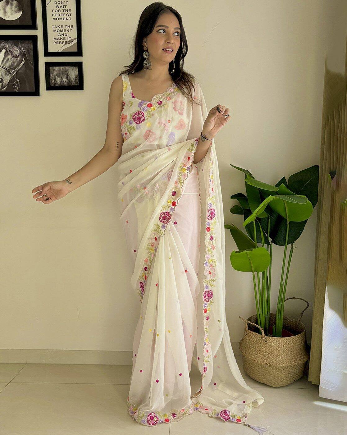 Apsara Bloom – Off-White Floral Organza Saree