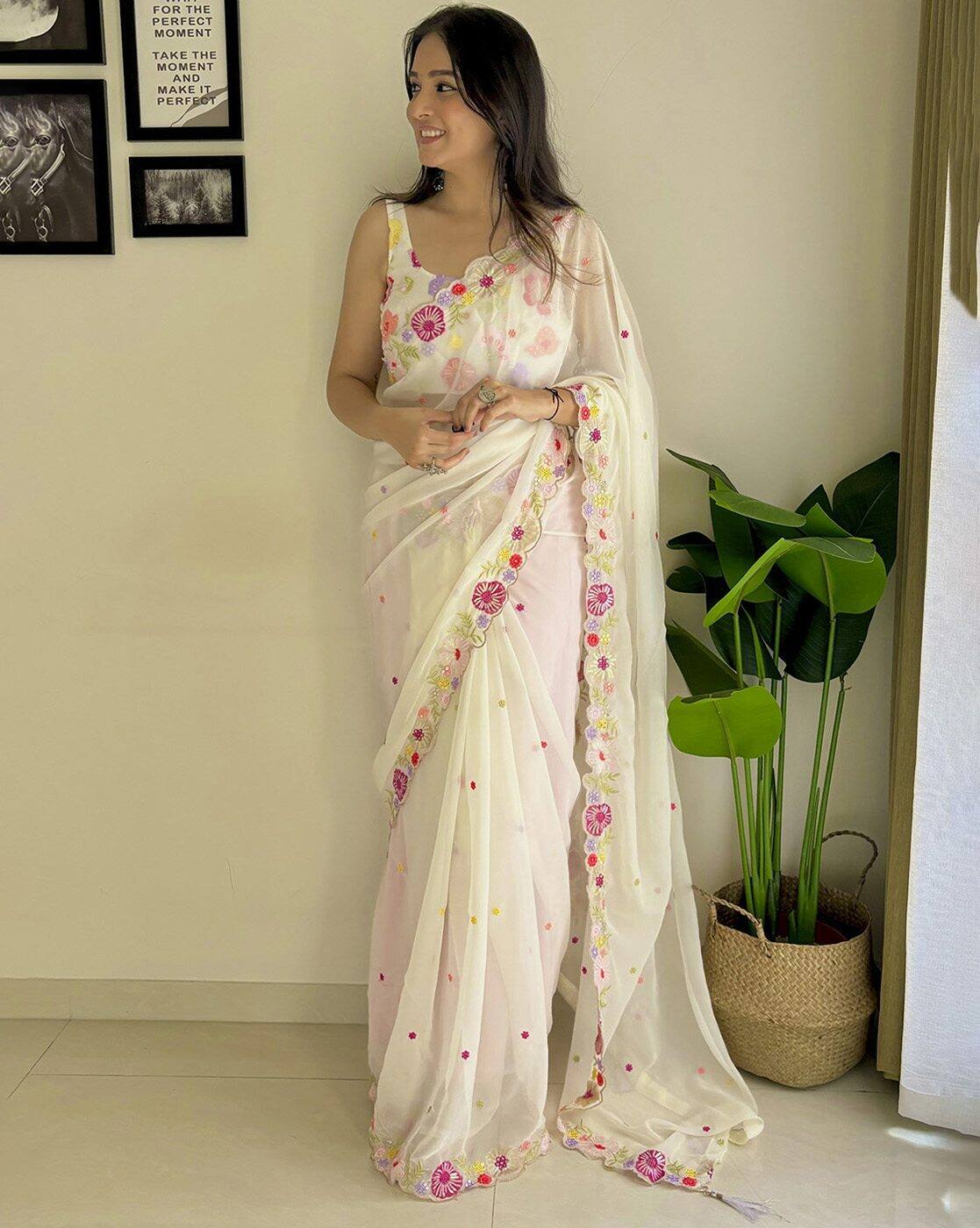Apsara Bloom – Off-White Floral Organza Saree
