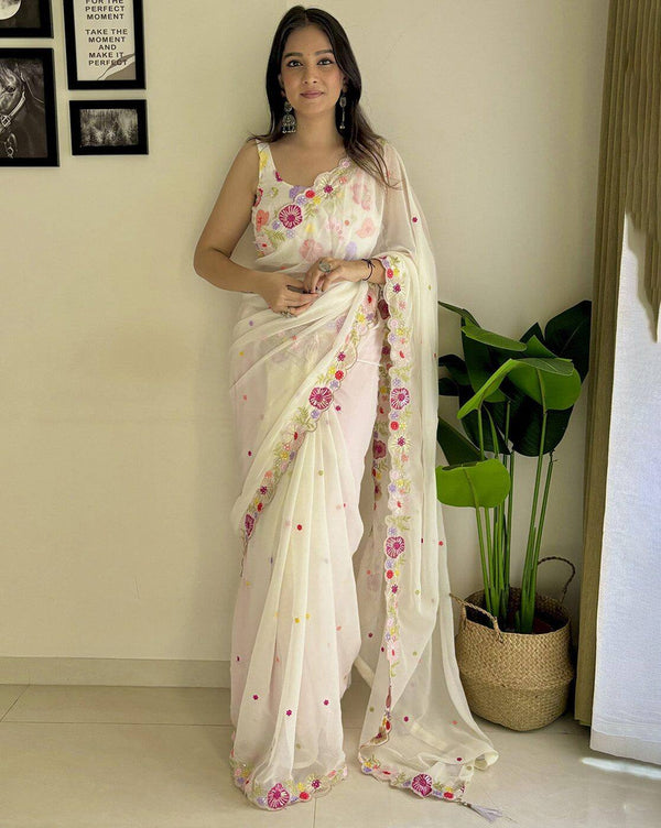 Apsara Bloom – Off-White Floral Organza Saree