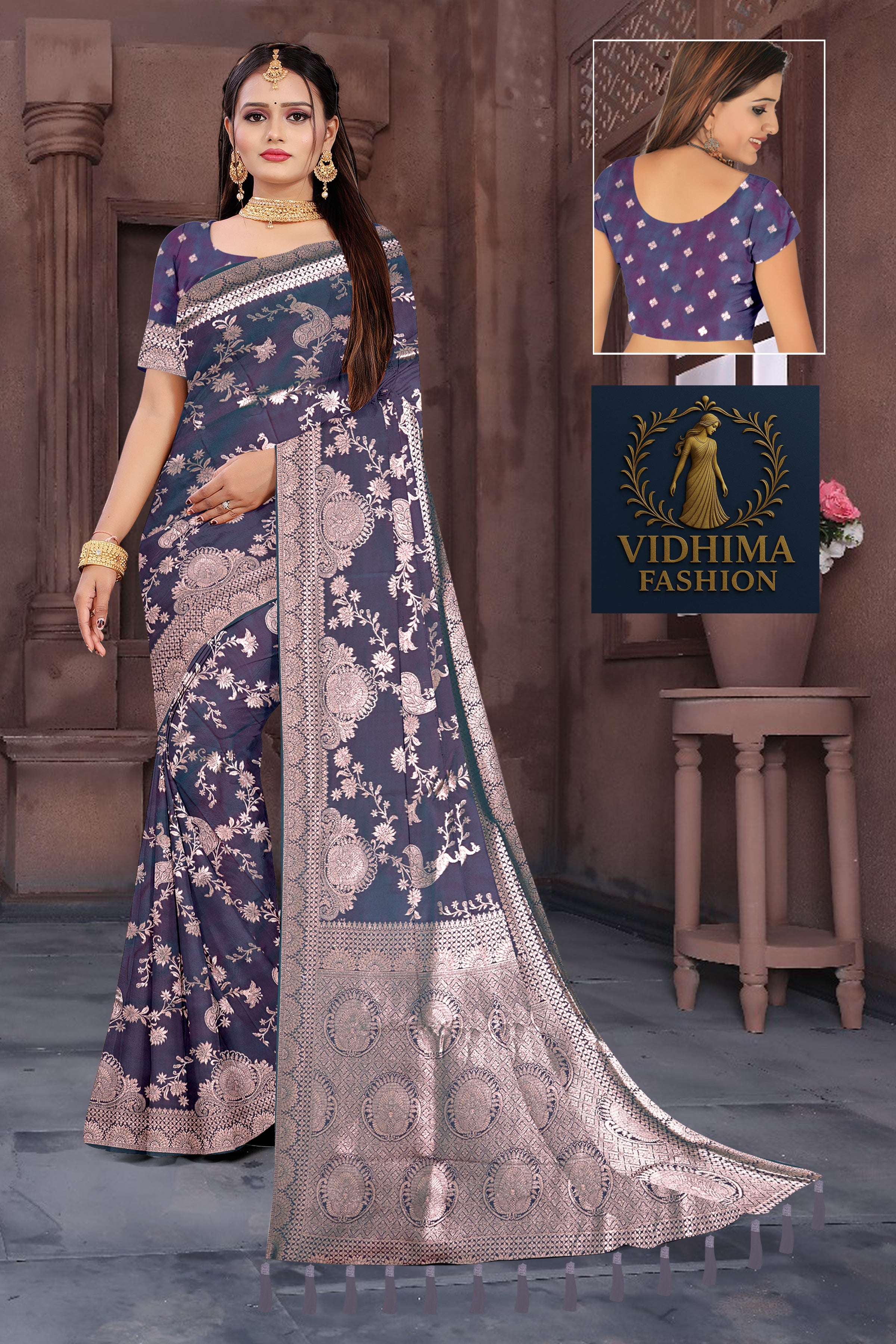 Midnight Blue Zari Banarasi Silk Saree