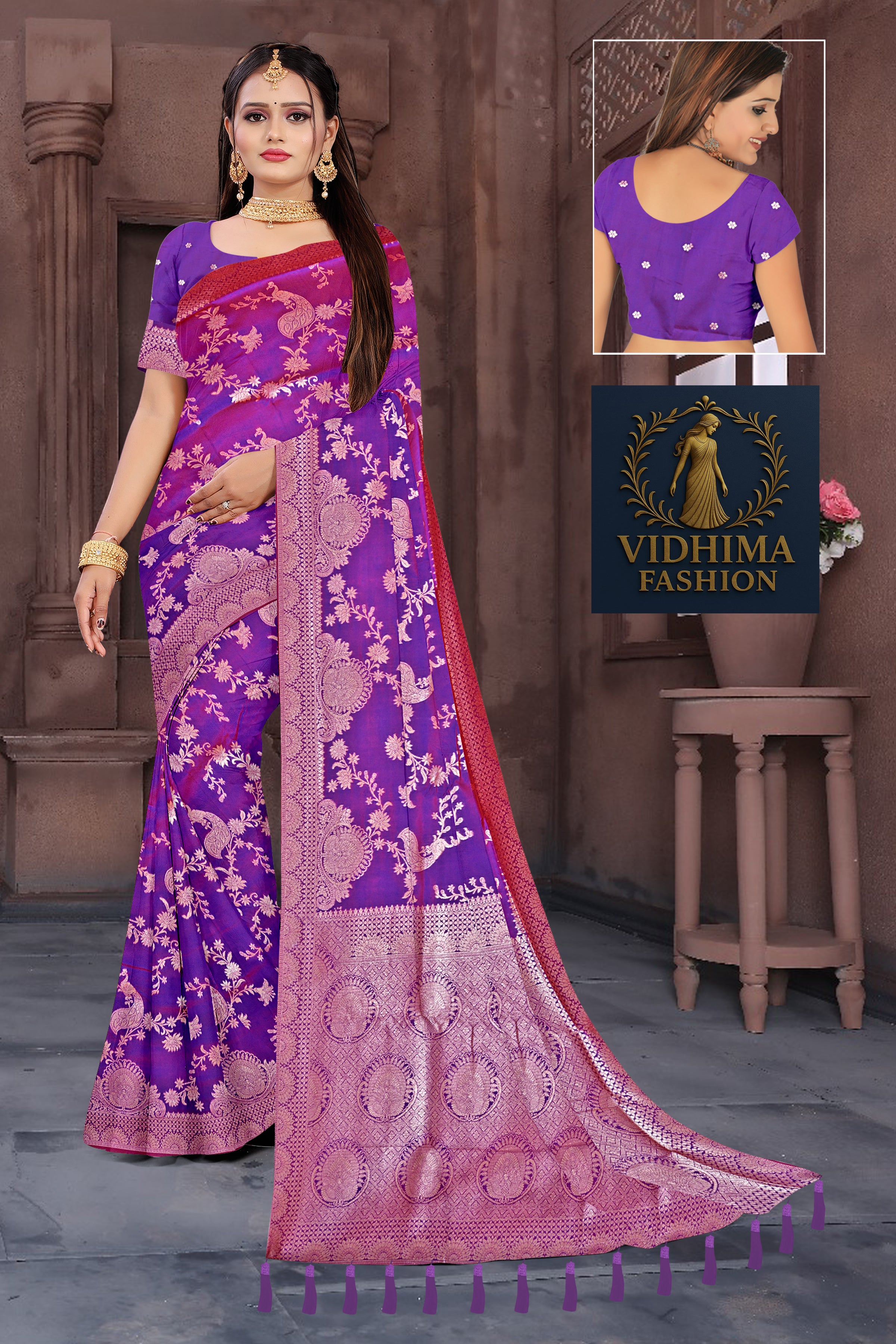Royal Purple Banarasi Silk Saree with Pink Zari Weaving