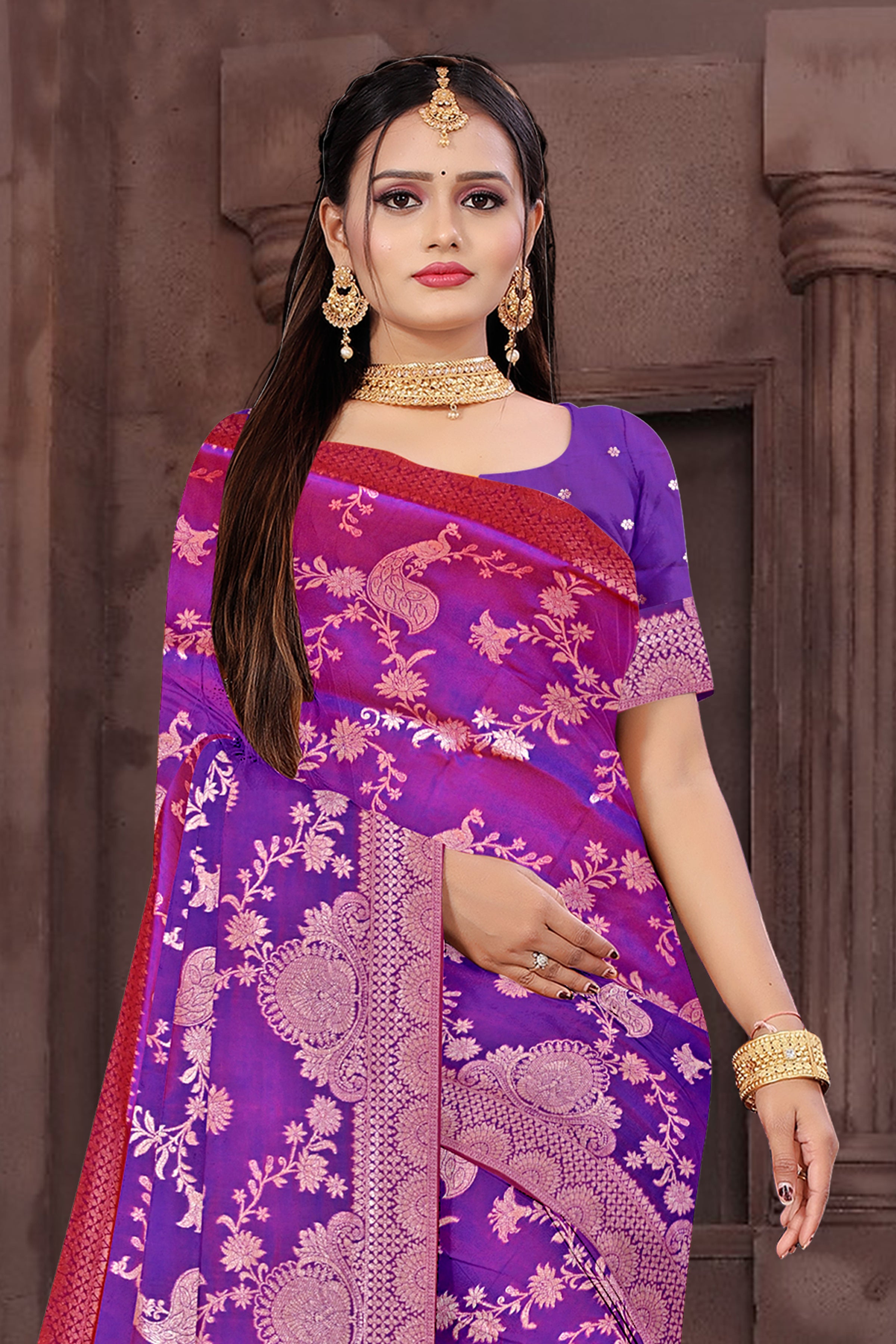 Royal Purple Banarasi Silk Saree with Pink Zari Weaving