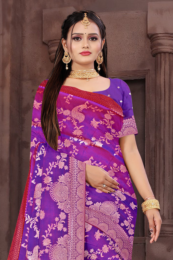 Royal Purple Banarasi Silk Saree with Pink Zari Weaving