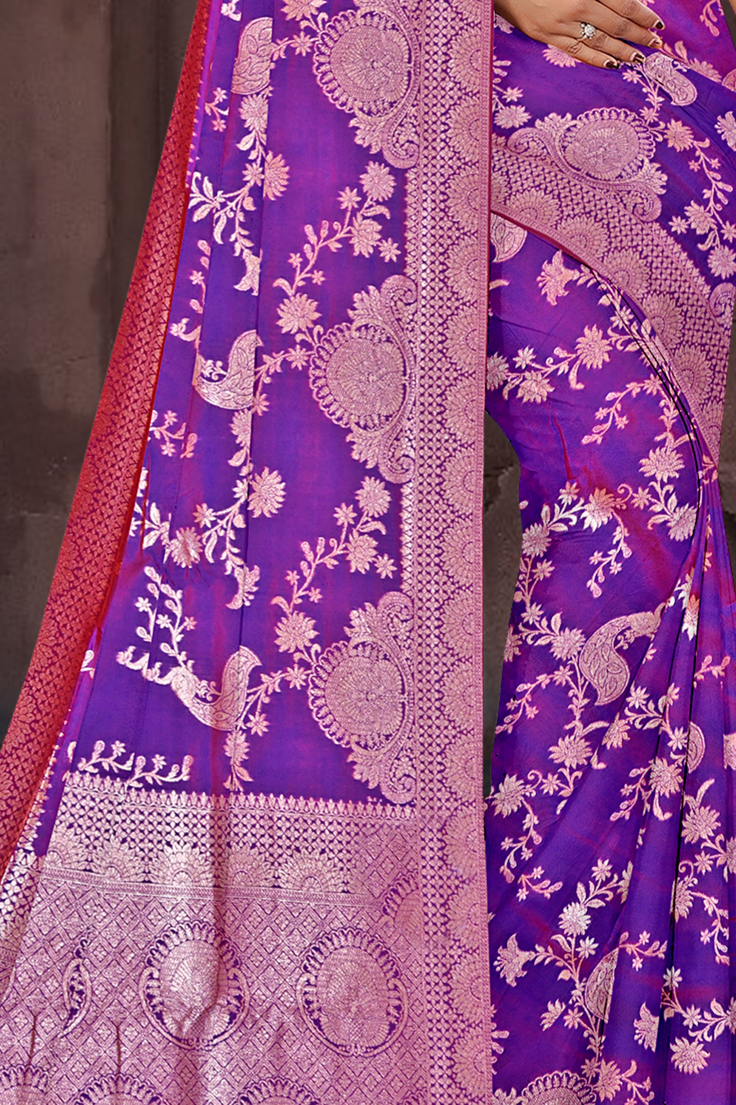 Royal Purple Banarasi Silk Saree with Pink Zari Weaving