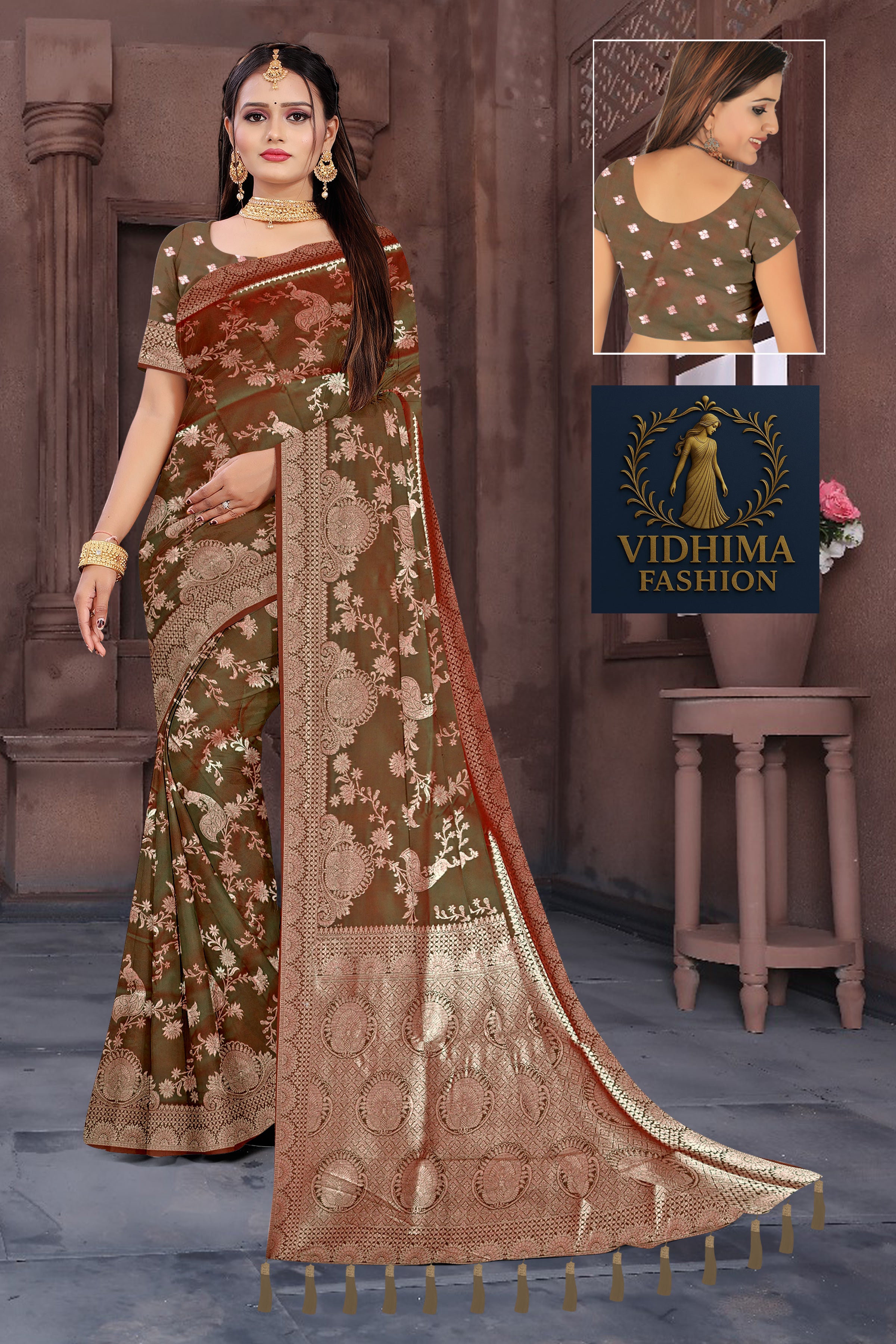 Olive Gold Banarasi Silk Saree with Antique Zari Weaving