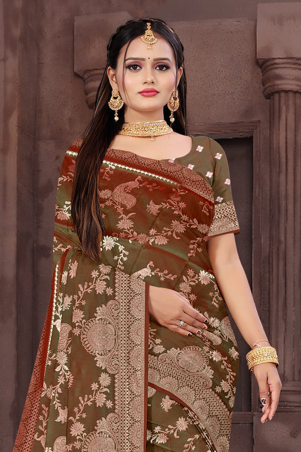 Olive Gold Banarasi Silk Saree with Antique Zari Weaving