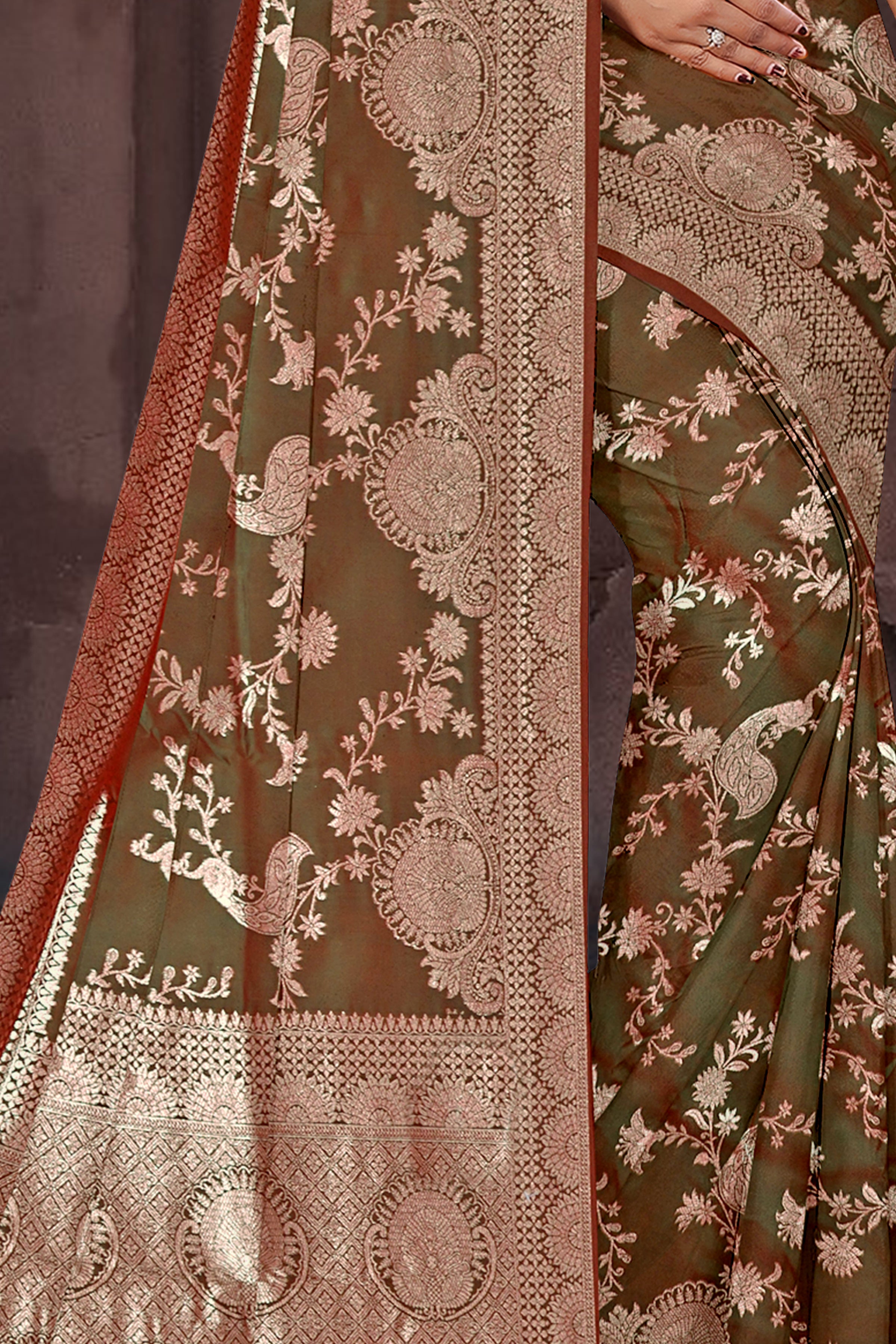 Olive Gold Banarasi Silk Saree with Antique Zari Weaving