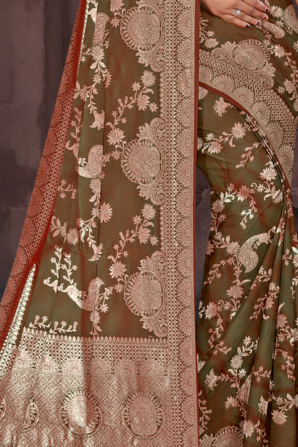 Olive Gold Banarasi Silk Saree with Antique Zari Weaving