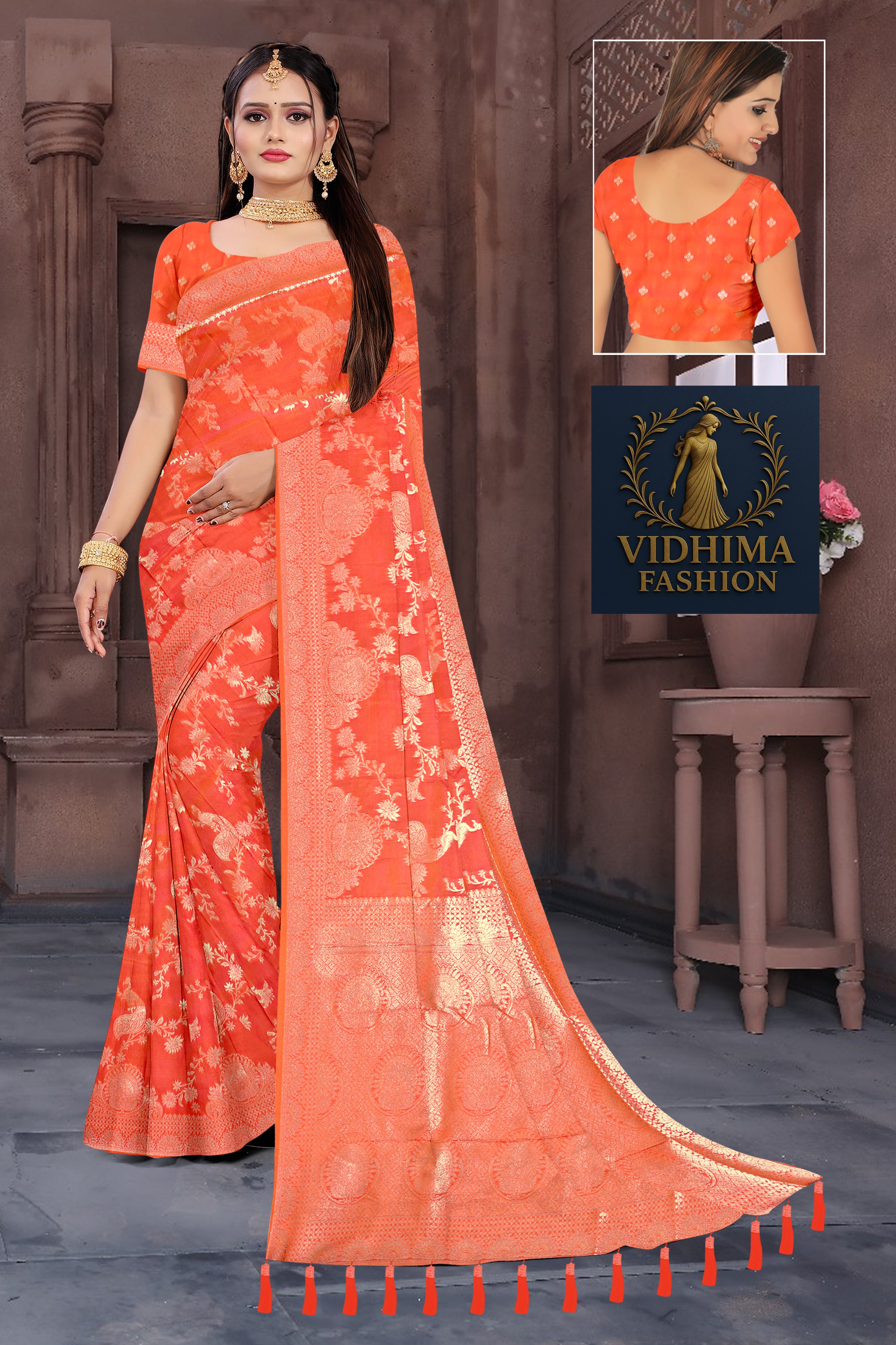 Tangerine Orange Banarasi Silk Saree with Golden Zari Detailing