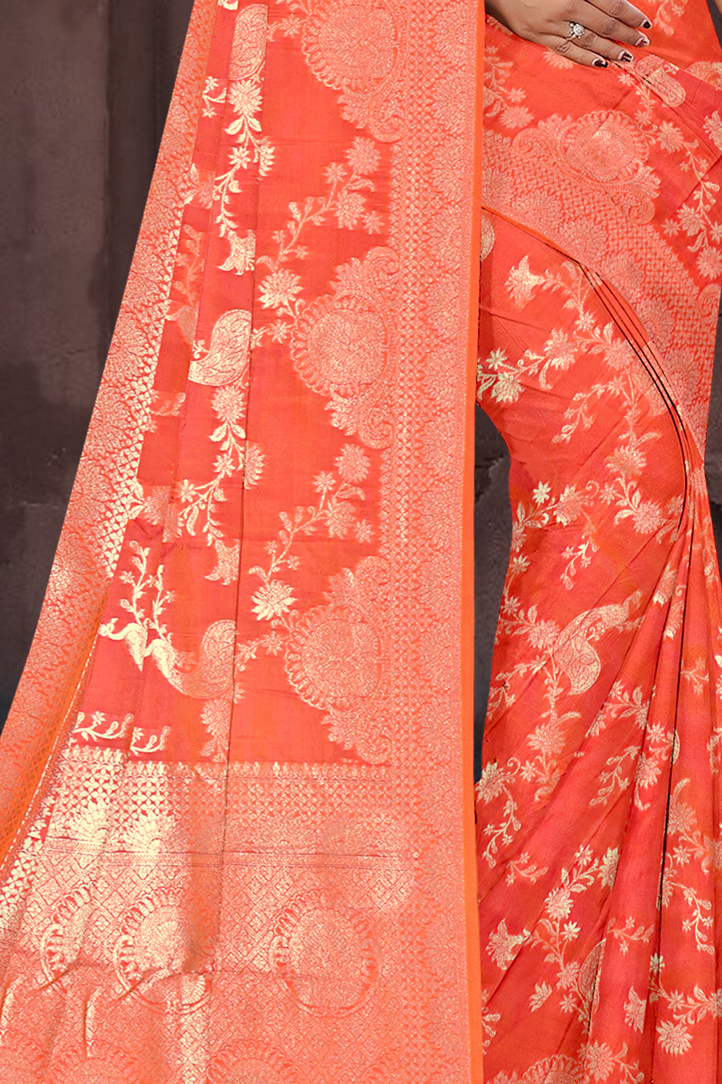 Tangerine Orange Banarasi Silk Saree with Golden Zari Detailing