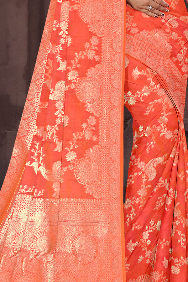Tangerine Orange Banarasi Silk Saree with Golden Zari Detailing