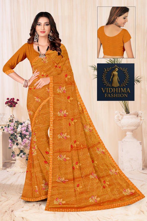 Mustard Yellow Floral Embroidered Soft Silk Saree