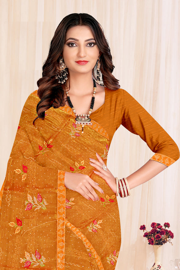 Mustard Yellow Floral Embroidered Soft Silk Saree