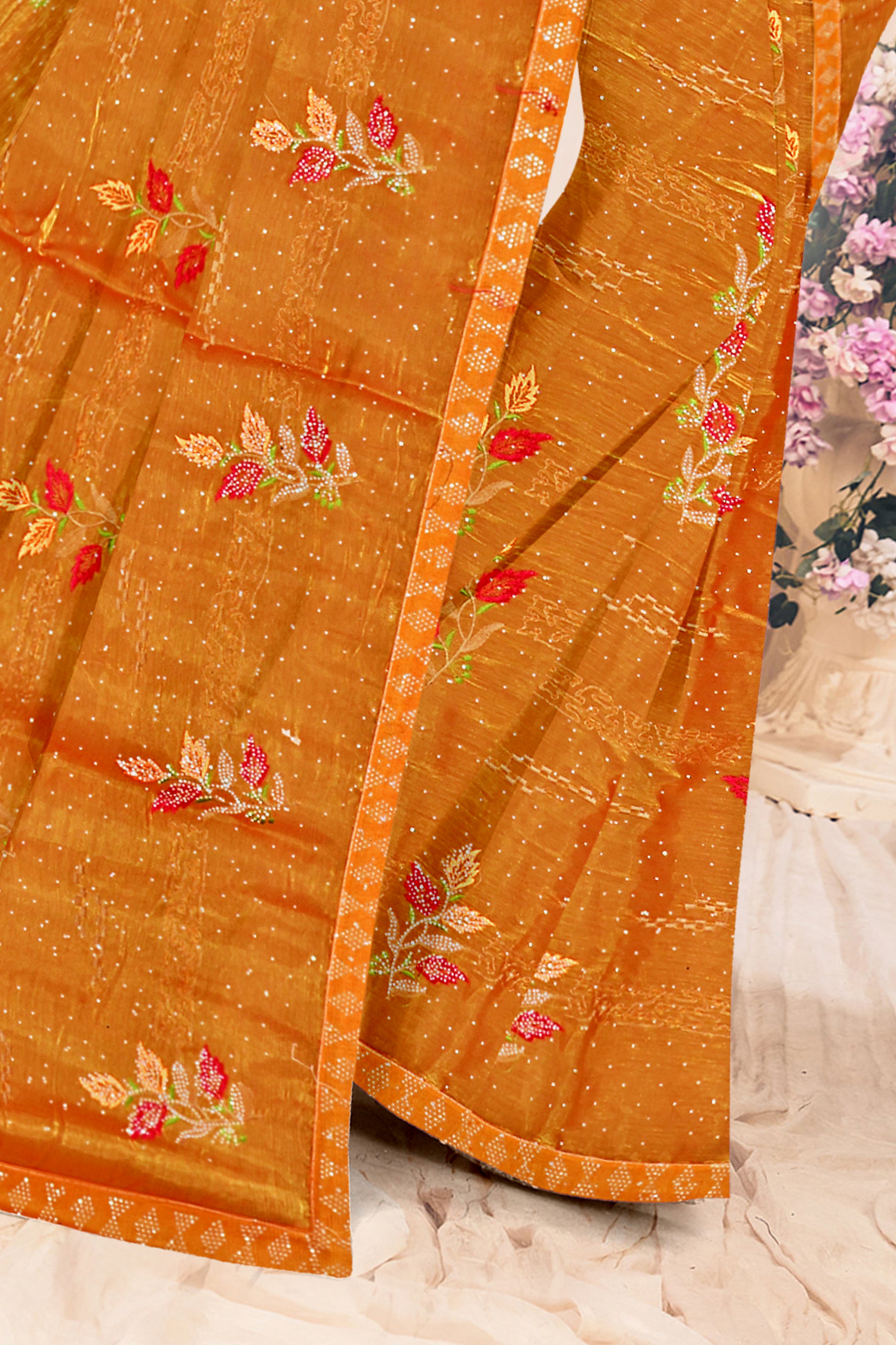 Mustard Yellow Floral Embroidered Soft Silk Saree