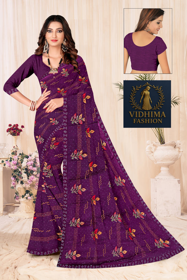 Violet Floral Pattern Soft Silk Saree