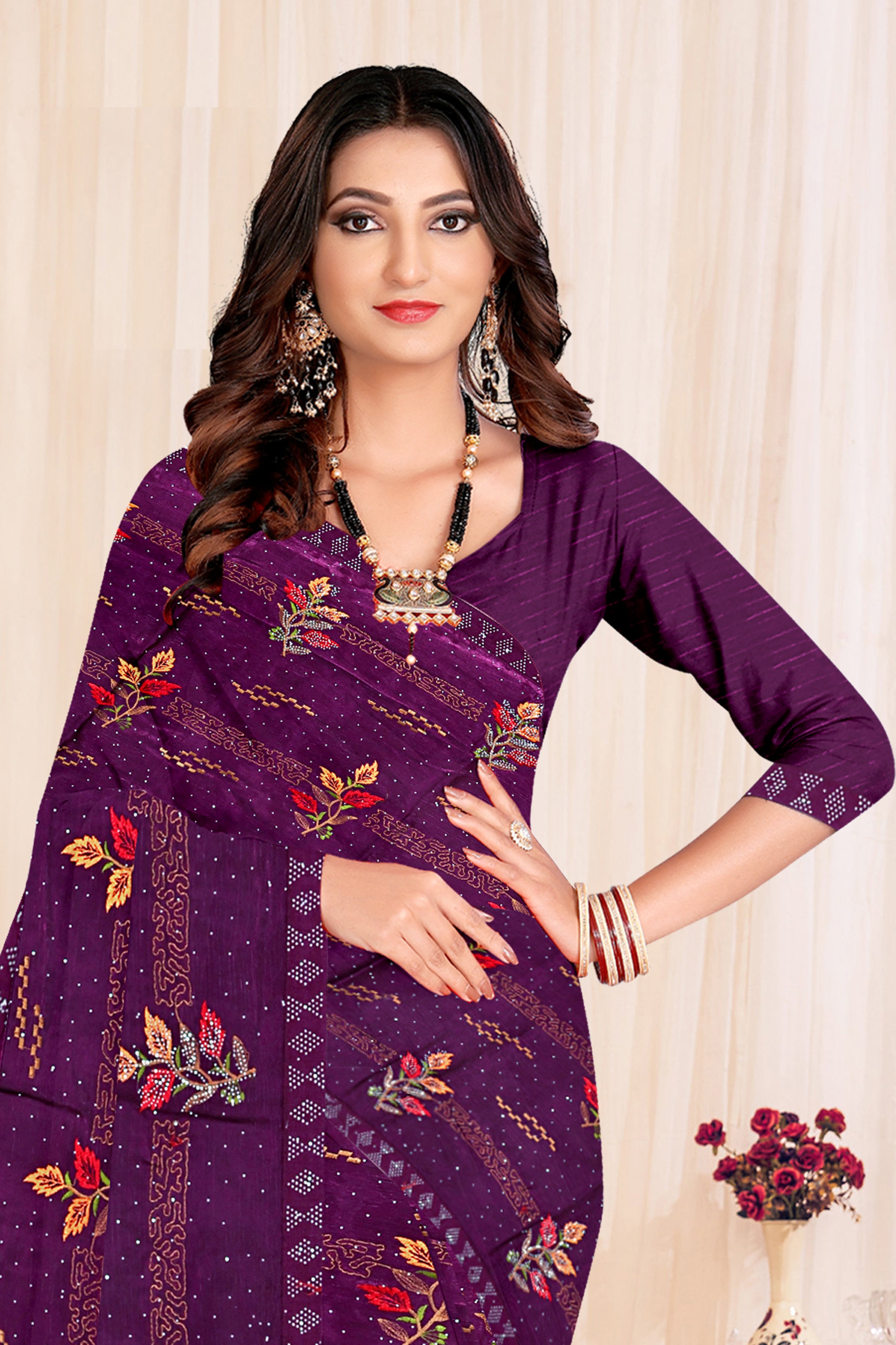 Violet Floral Pattern Soft Silk Saree