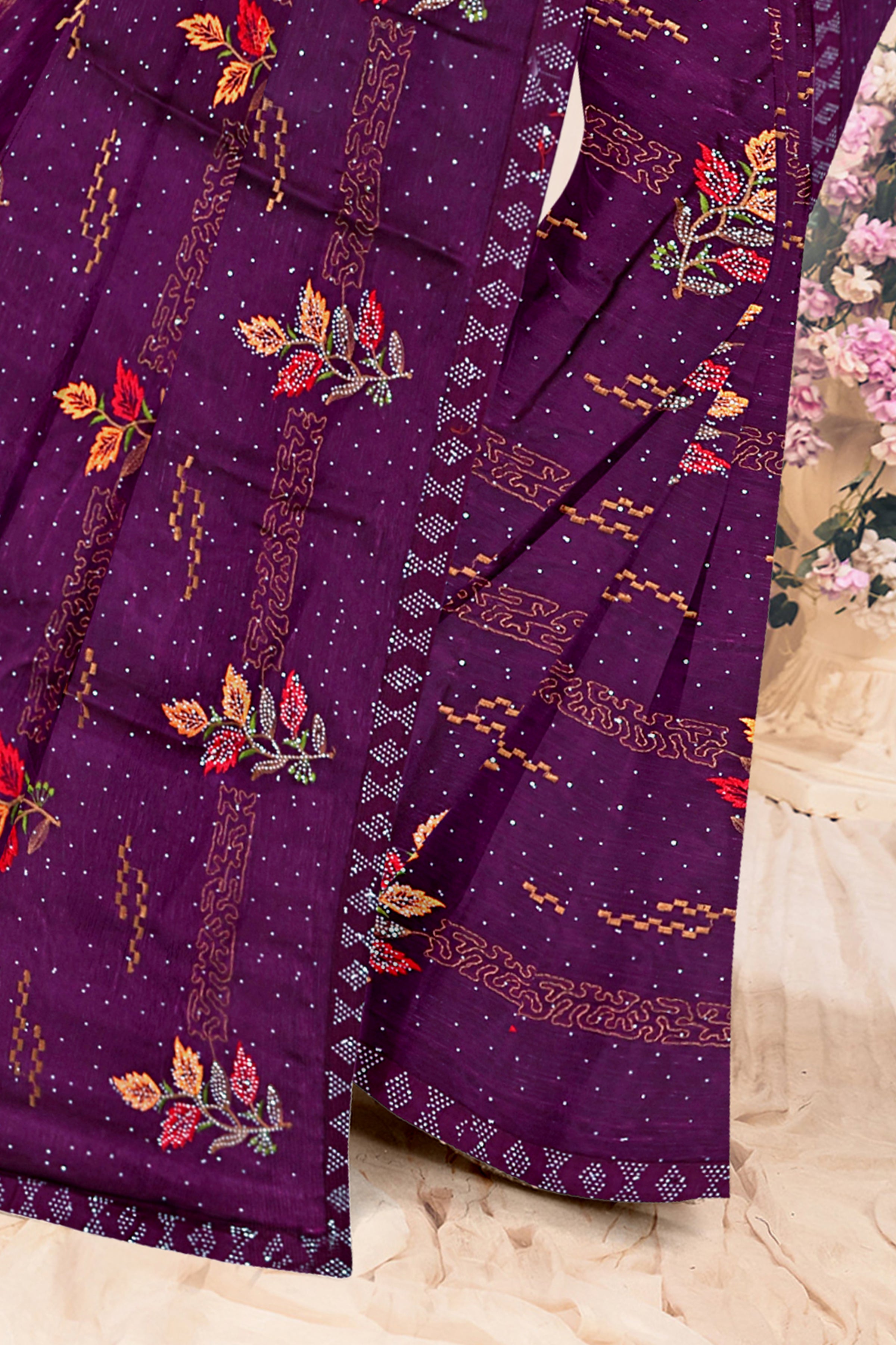 Violet Floral Pattern Soft Silk Saree