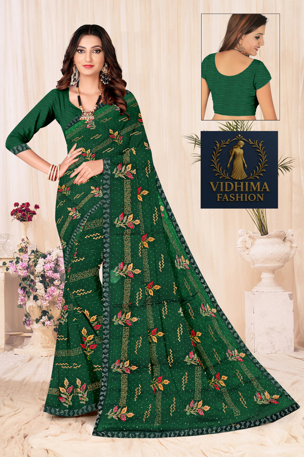 Emerald Green Floral Embroidered Soft Silk Saree