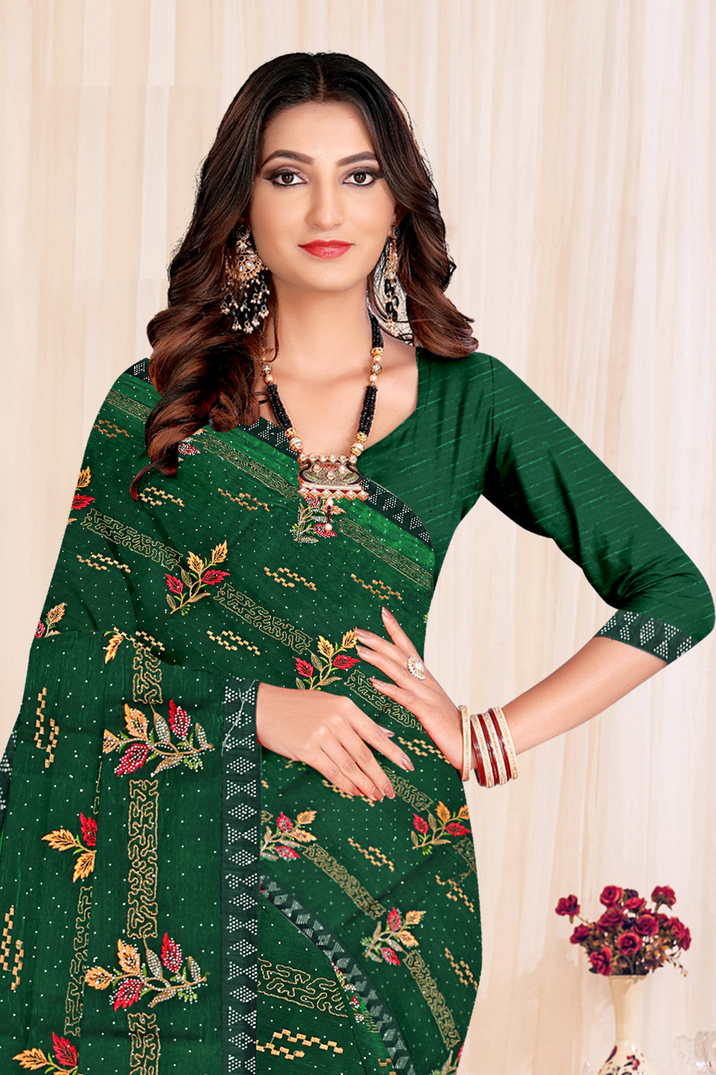 Emerald Green Floral Embroidered Soft Silk Saree