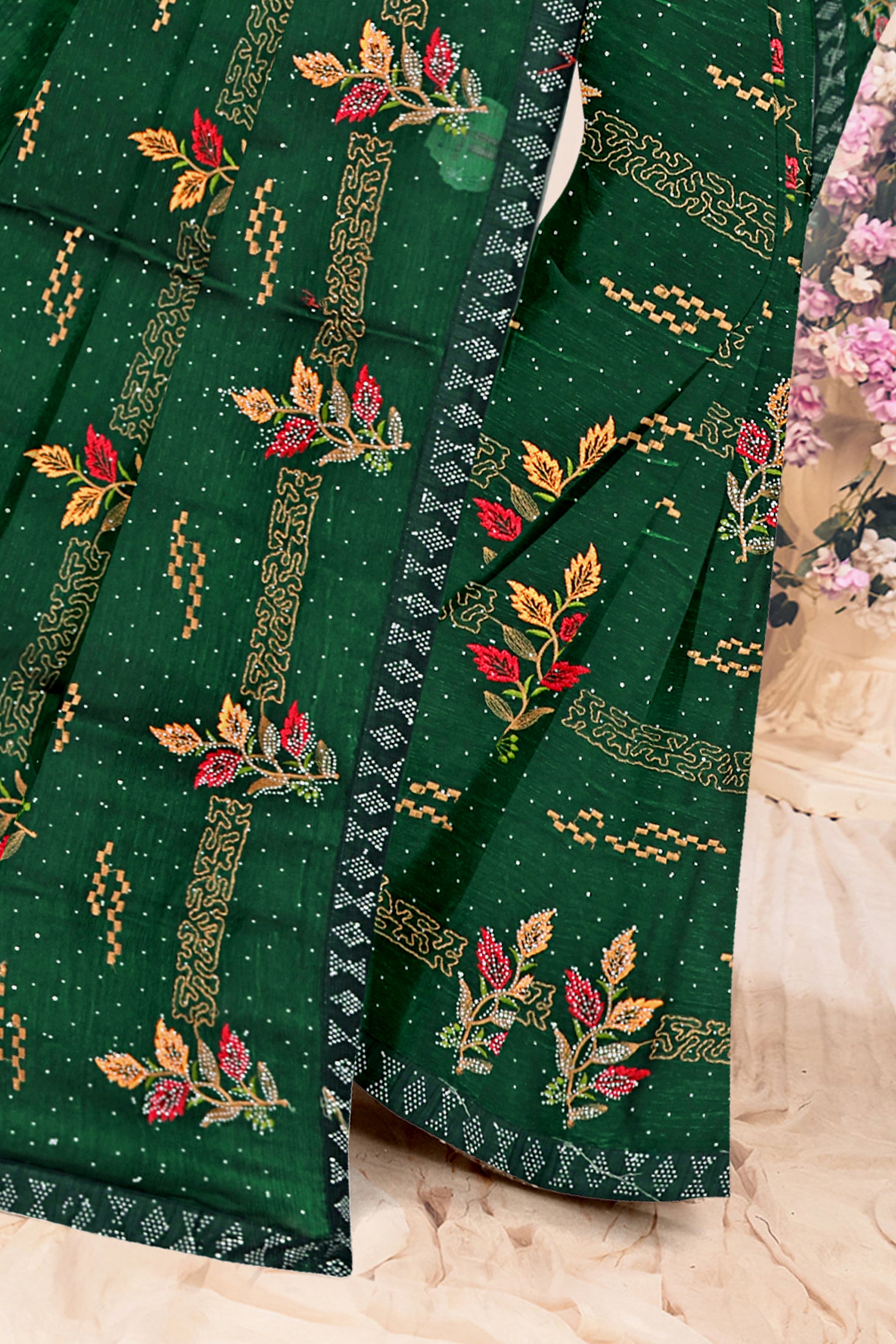 Emerald Green Floral Embroidered Soft Silk Saree