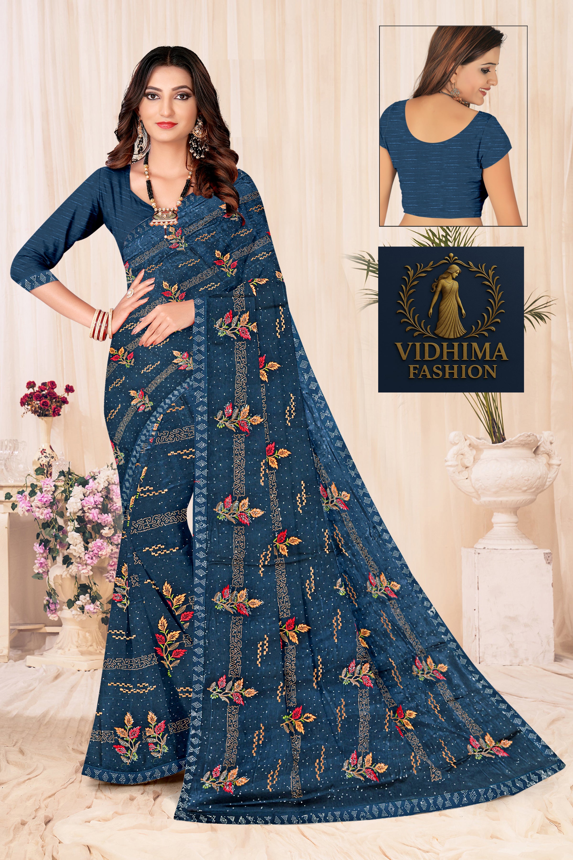 Midnight Blue Floral Embroidered Soft Silk Saree