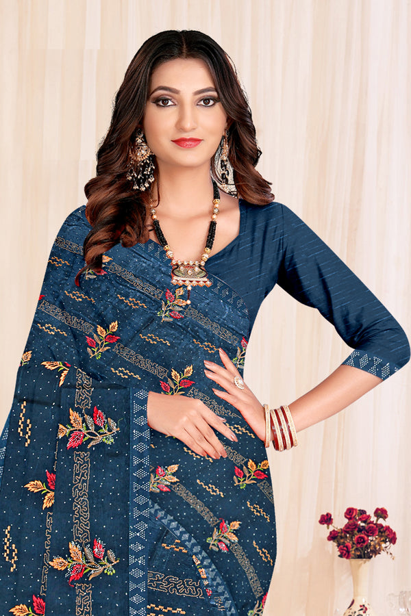 Midnight Blue Floral Embroidered Soft Silk Saree