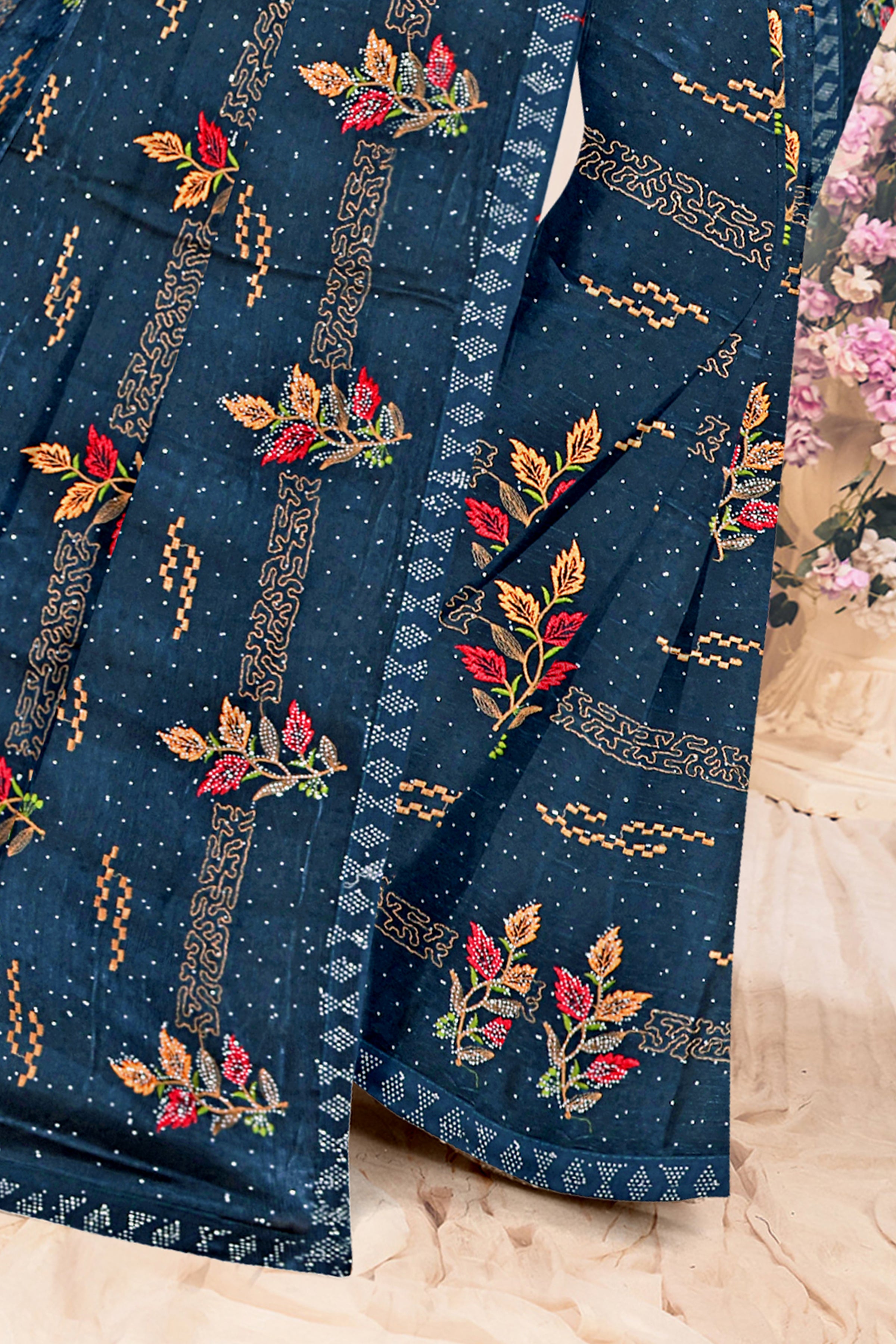 Midnight Blue Floral Embroidered Soft Silk Saree