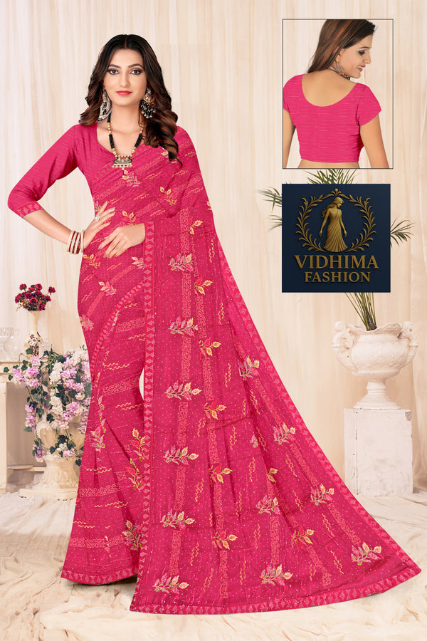 Rani Pink Floral Thread Embroidered Soft Silk Saree