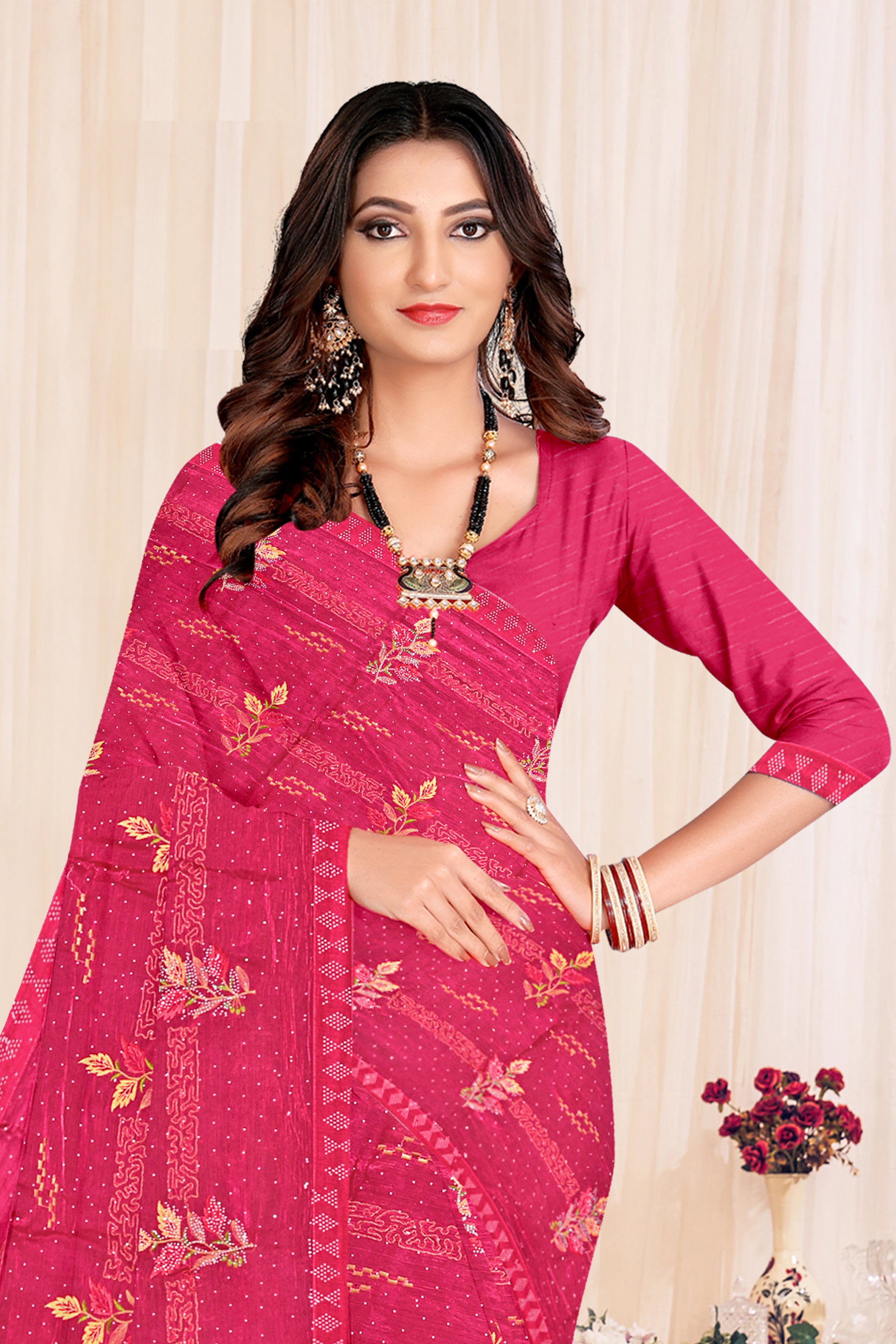 Rani Pink Floral Thread Embroidered Soft Silk Saree