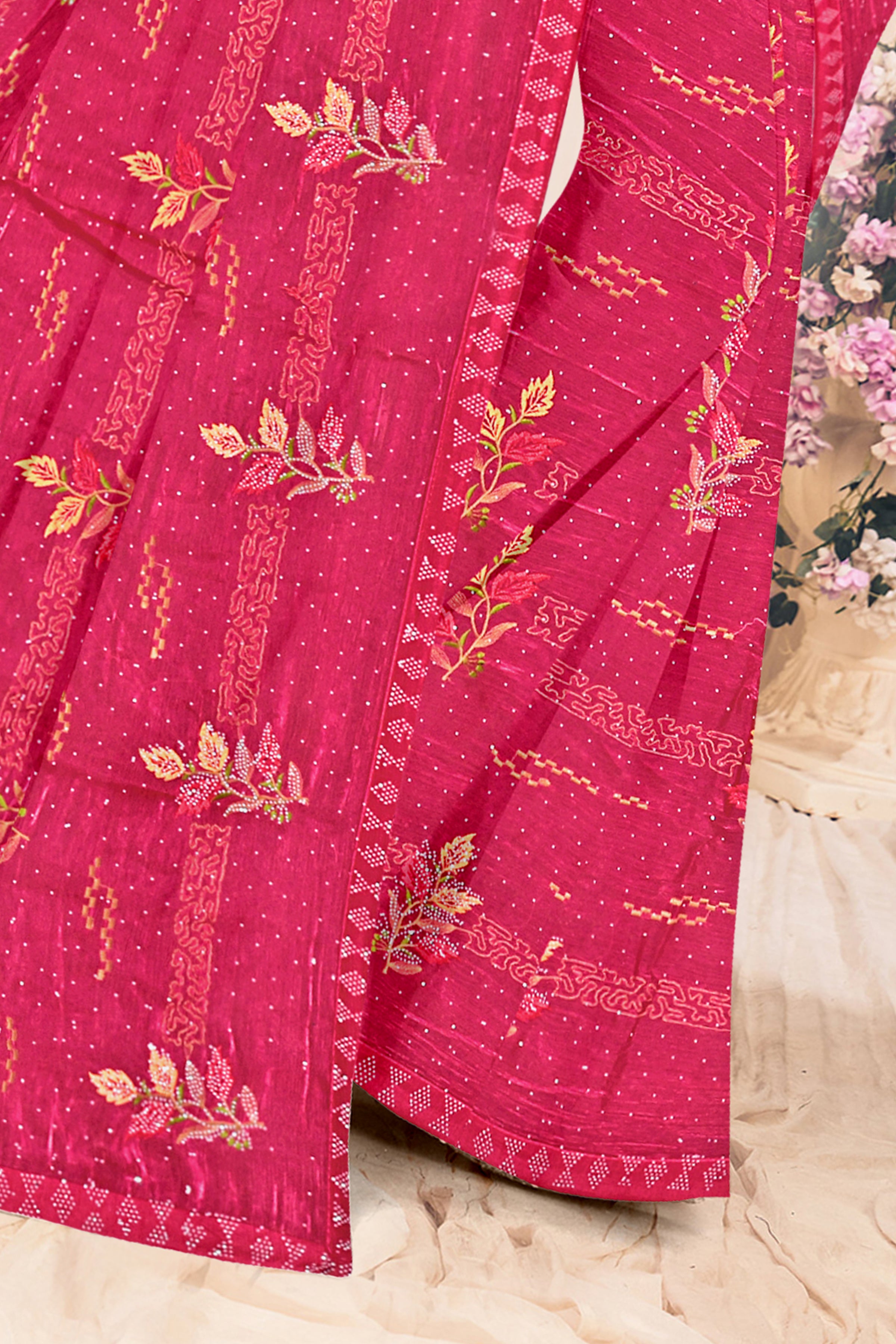 Rani Pink Floral Thread Embroidered Soft Silk Saree