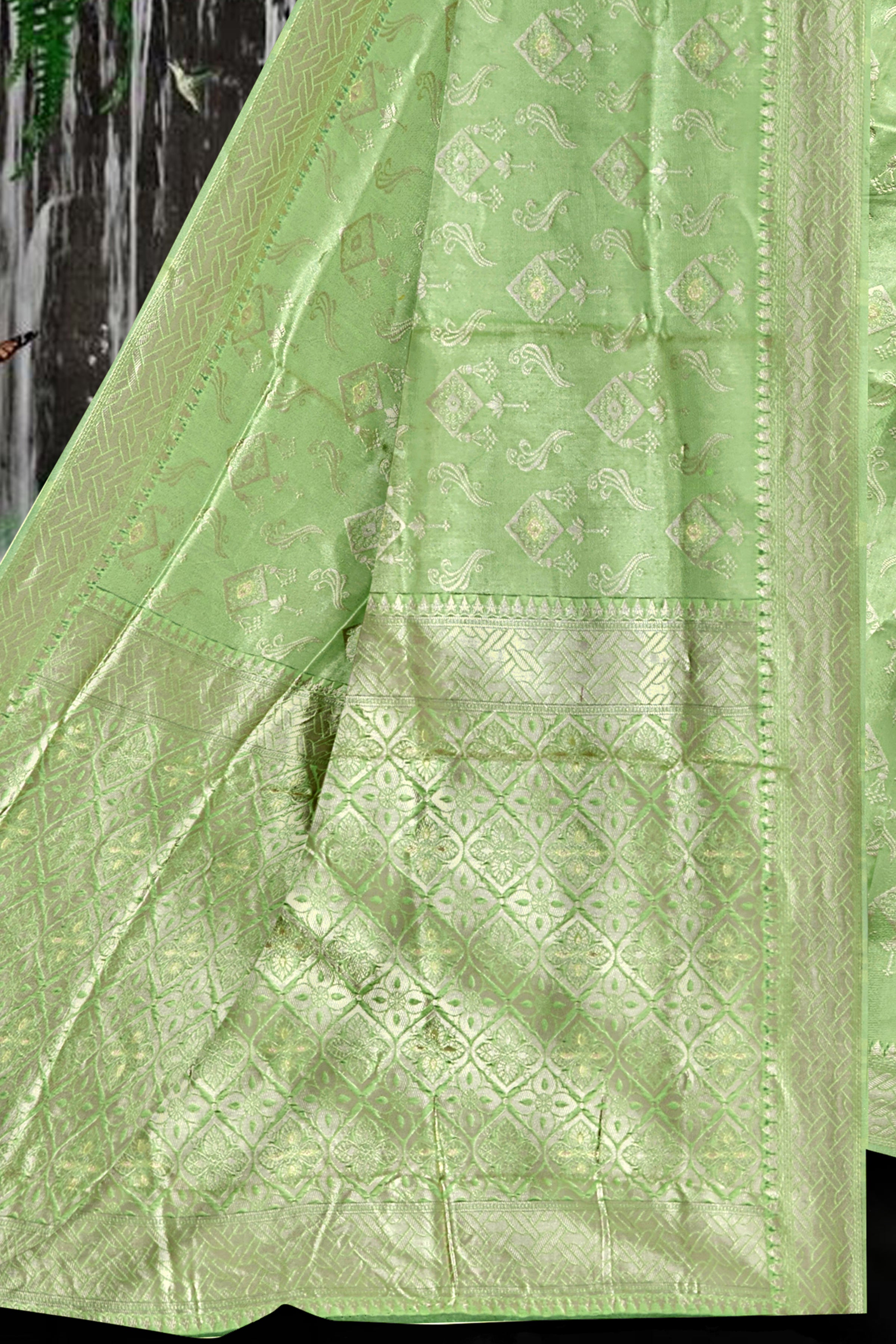 Mint Green Banarasi Silk Saree with Elegant Golden Zari Weave