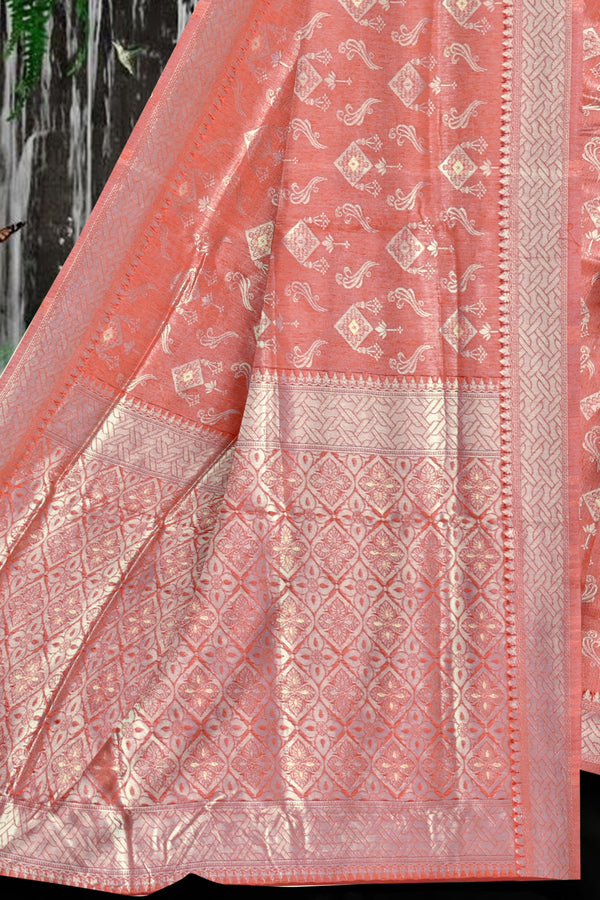 Coral Peach Banarasi Silk Saree with Golden Zari Work