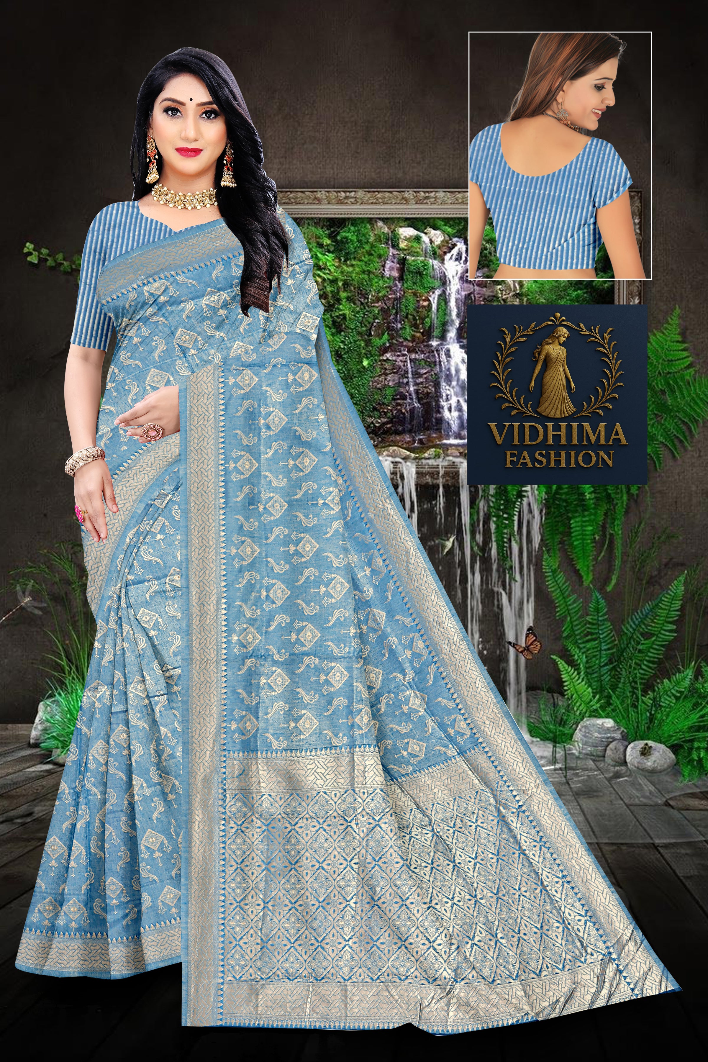 Powder Blue Banarasi Silk Saree with Silver Zari Weave