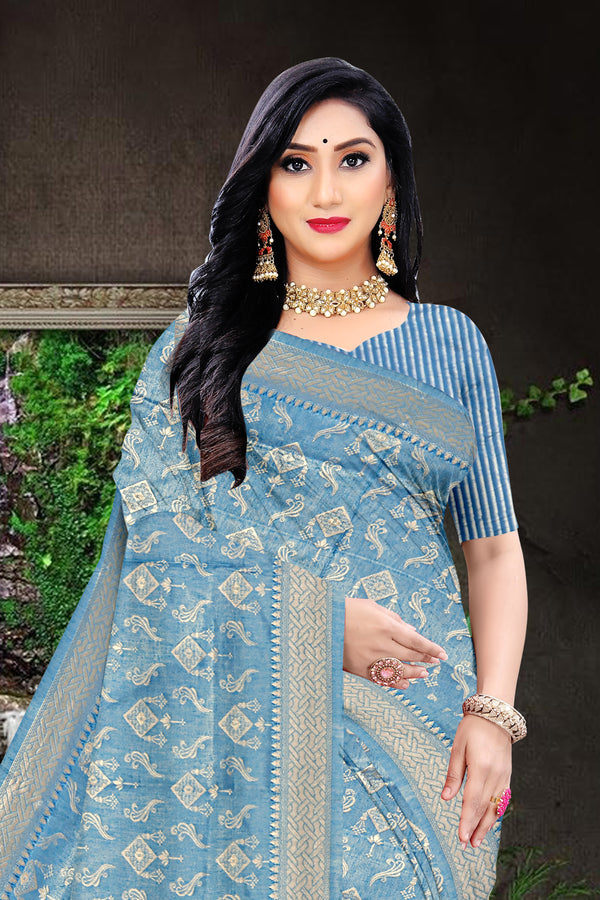 Powder Blue Banarasi Silk Saree with Silver Zari Weave