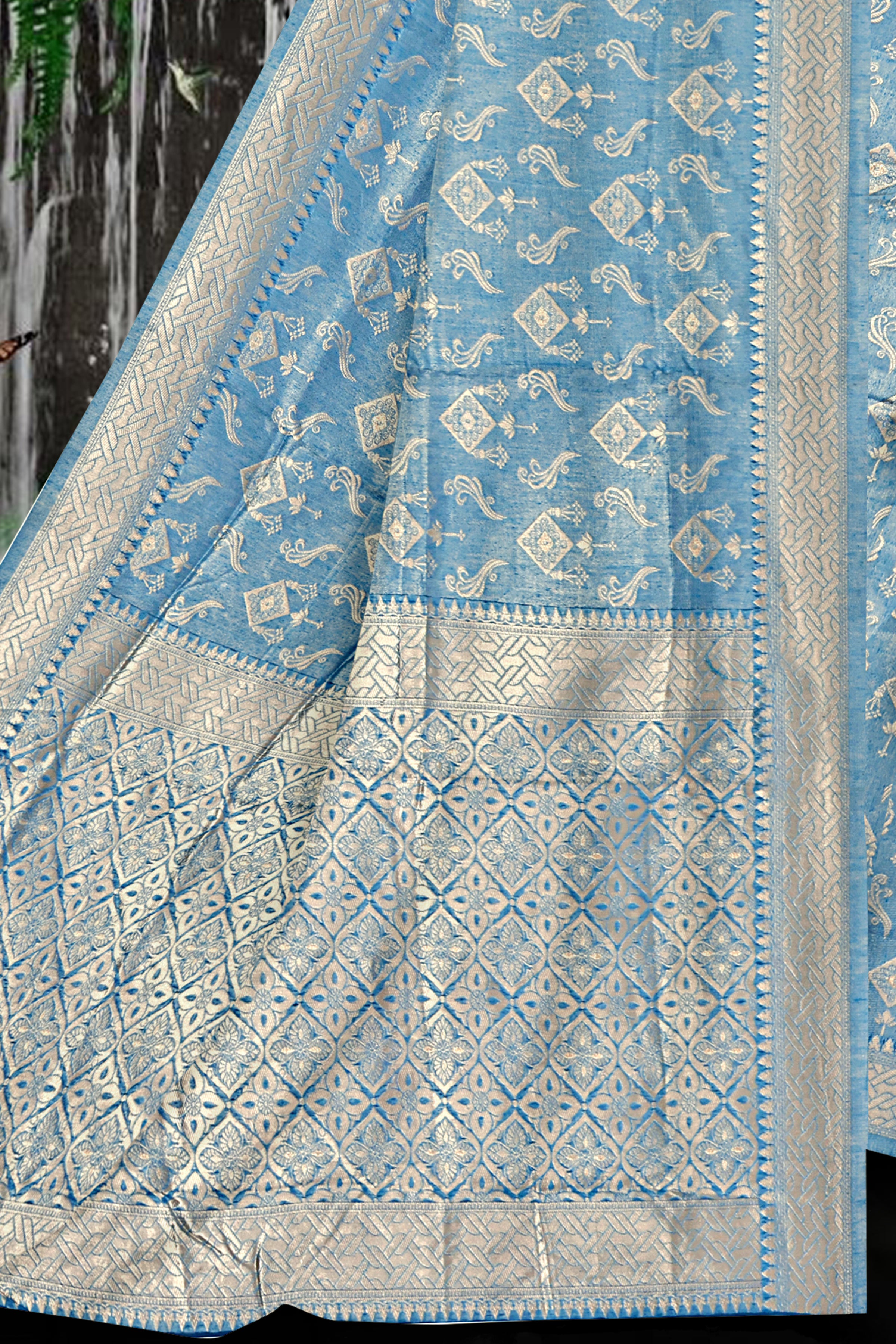 Powder Blue Banarasi Silk Saree with Silver Zari Weave