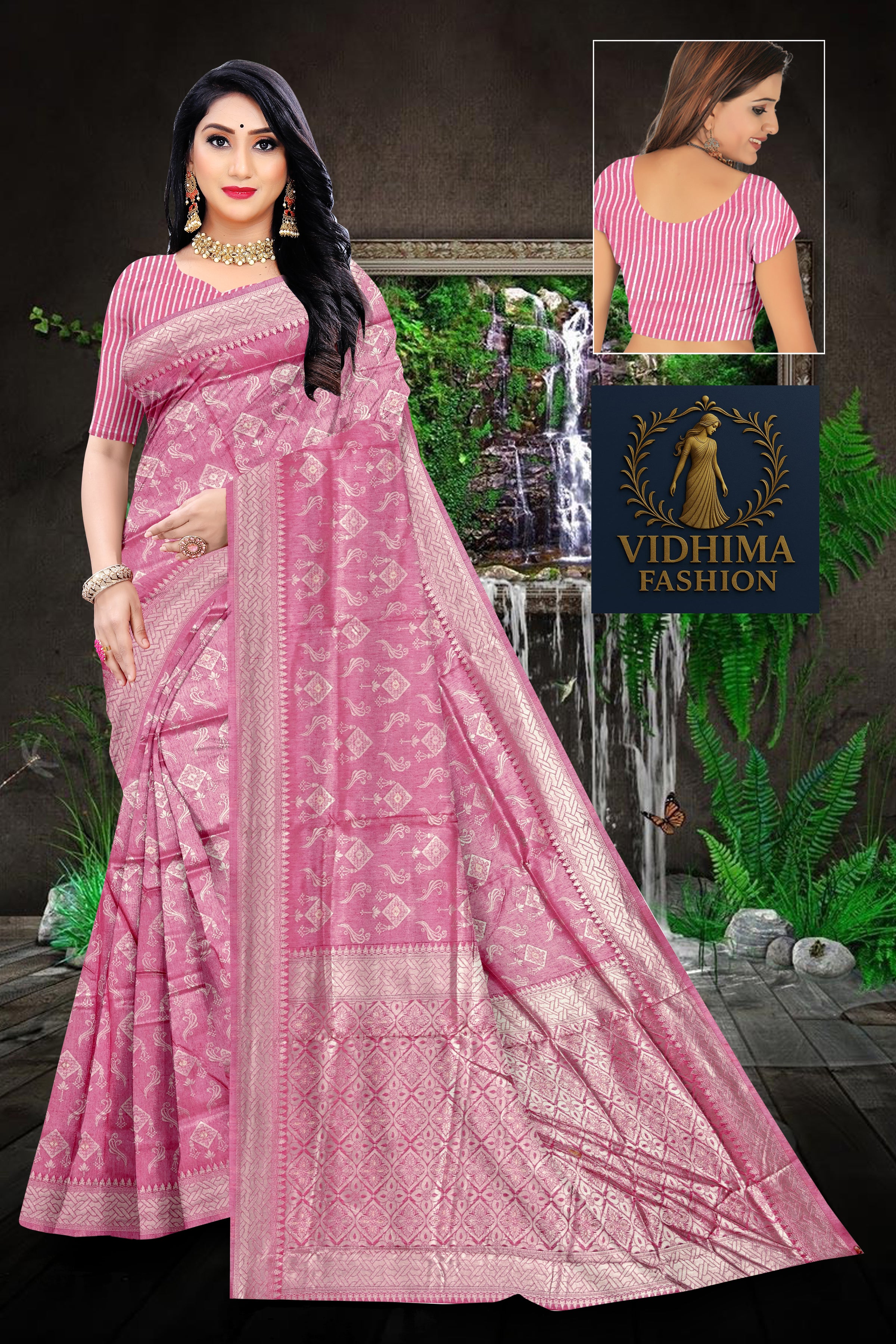 Rose Pink Banarasi Silk Saree with Silver Zari and Butta Work