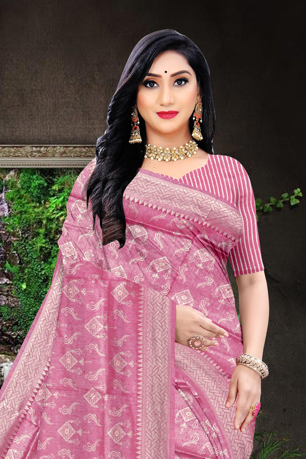 Rose Pink Banarasi Silk Saree with Silver Zari and Butta Work