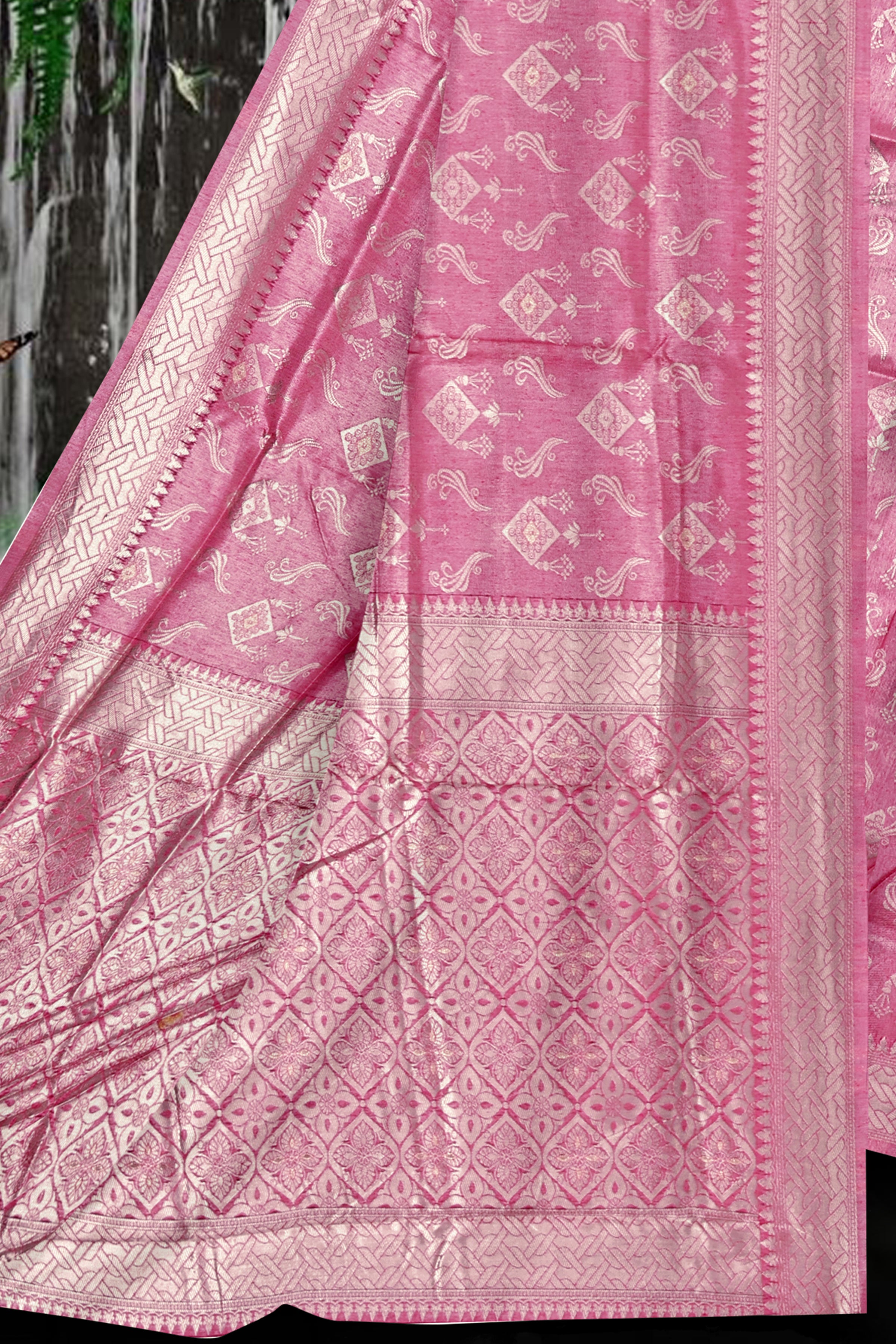 Rose Pink Banarasi Silk Saree with Silver Zari and Butta Work