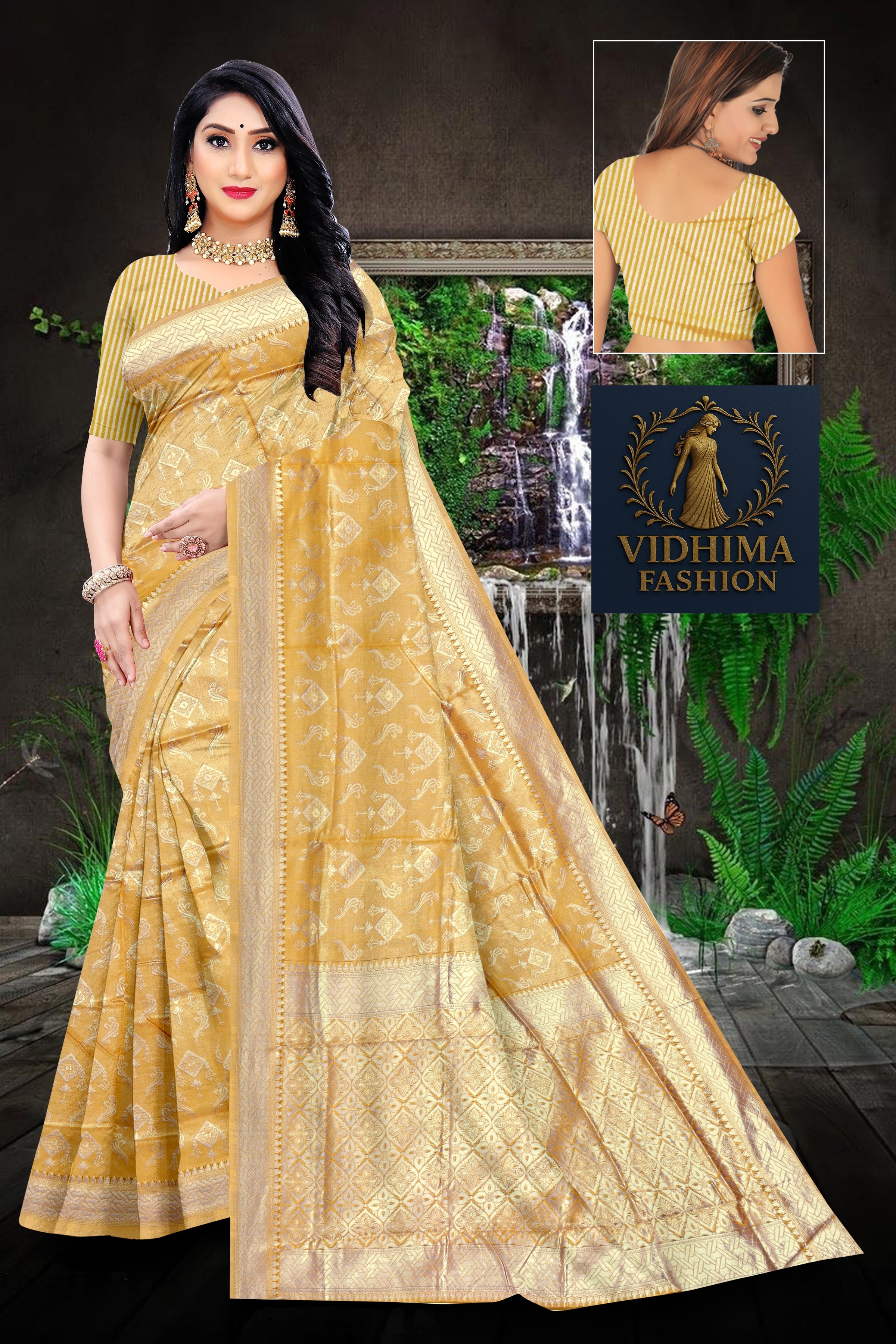Golden Mustard Banarasi Silk Saree with Zari Butta and Designer Border