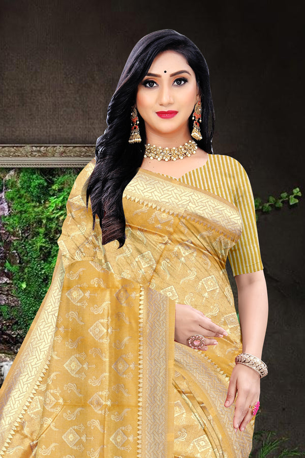 Golden Mustard Banarasi Silk Saree with Zari Butta and Designer Border
