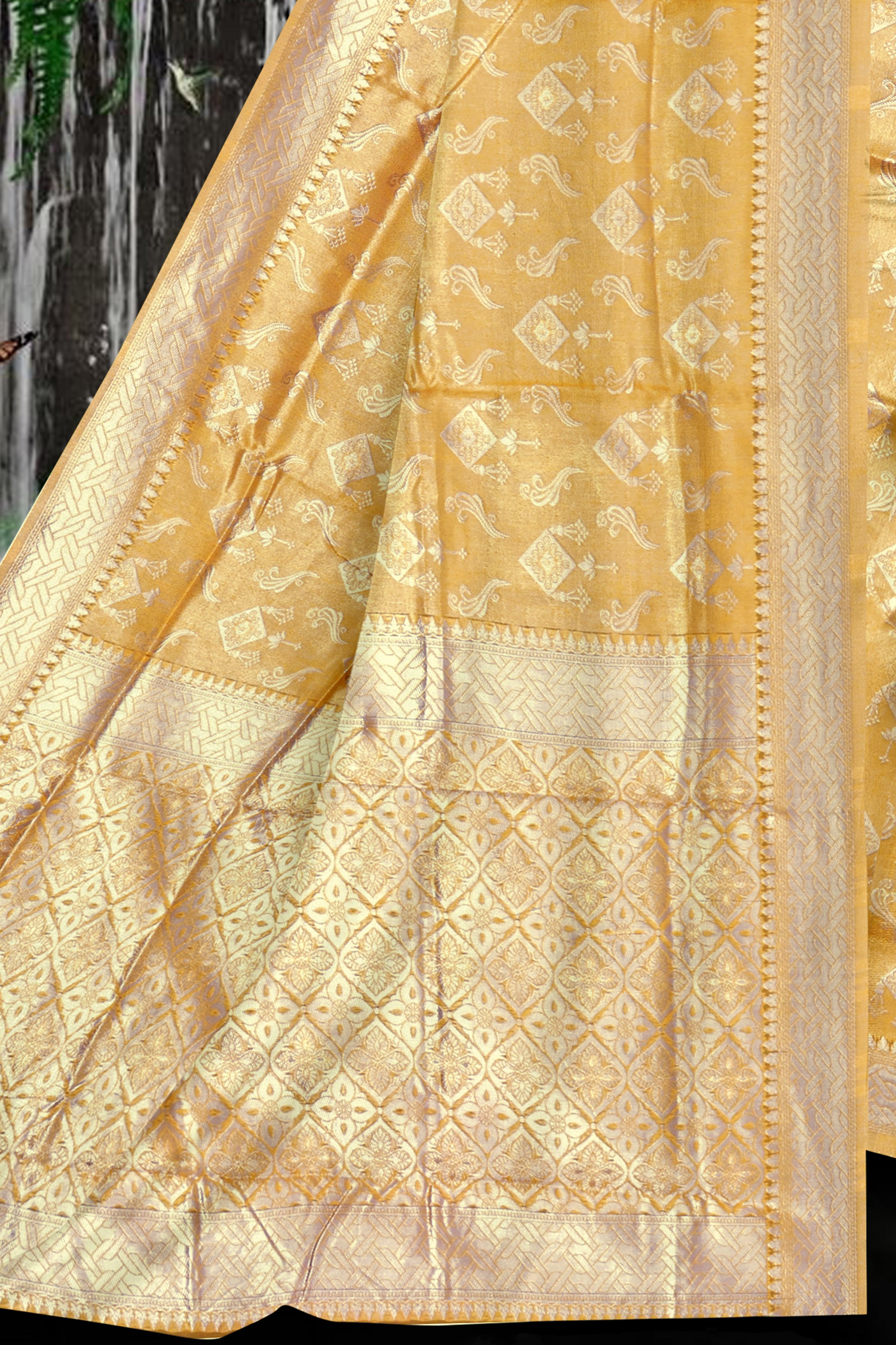 Golden Mustard Banarasi Silk Saree with Zari Butta and Designer Border