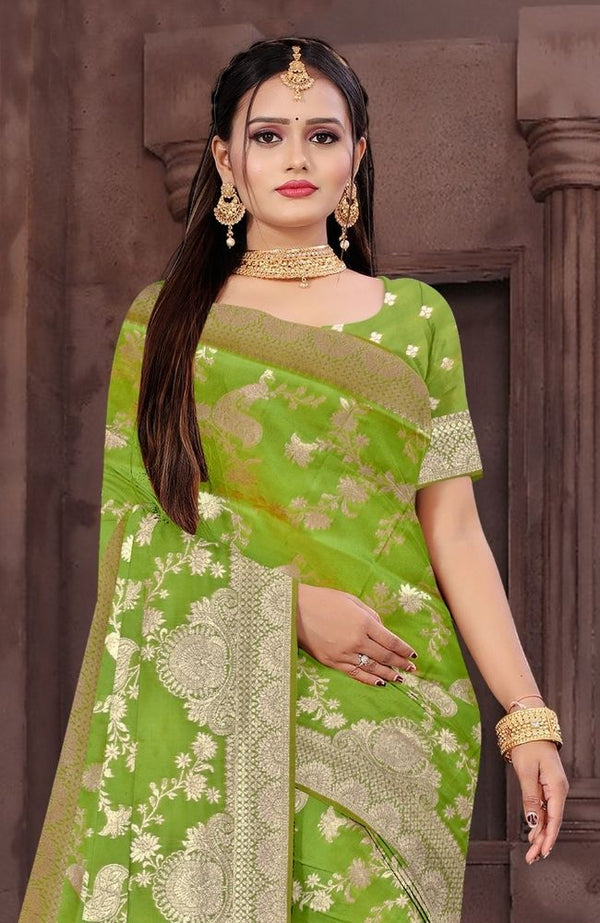 Lime Green Banarasi Silk Saree with Rich Zari Weaving