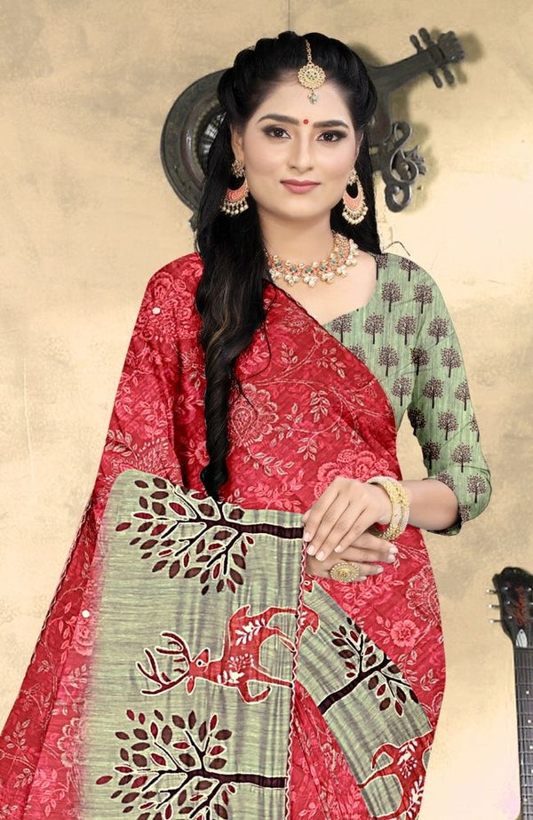 Rust Red & Olive Green Fancy Jorjat Saree with Deer Motif Pallu