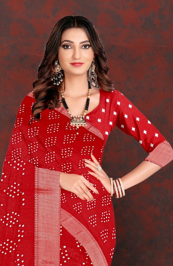 Classic Red Bandhani Cotton Saree with Zari Border