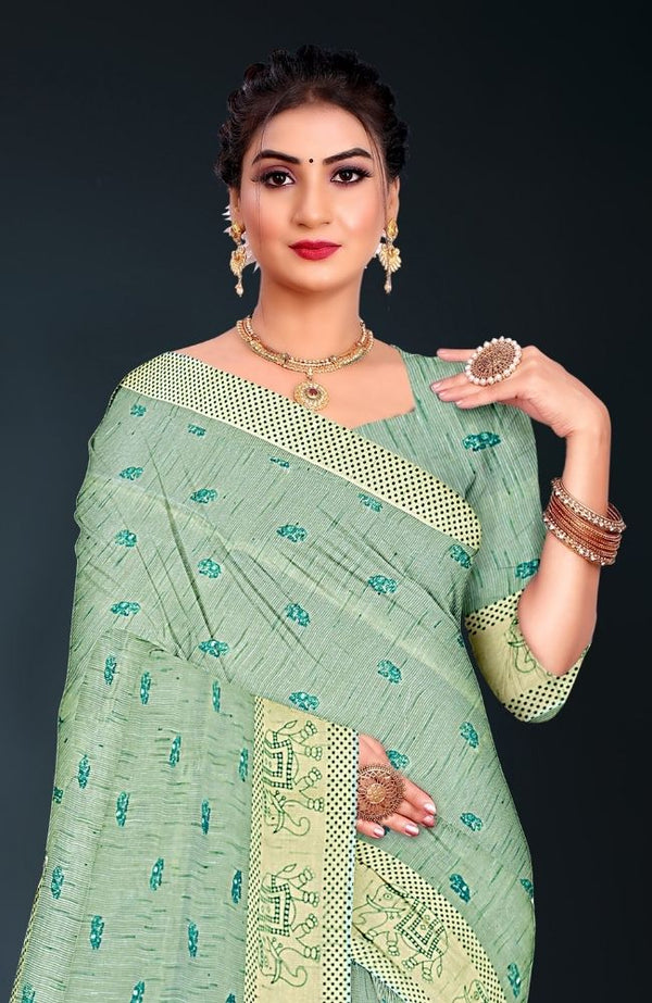 Pista Green Woven Saree with Elephant Motif Border