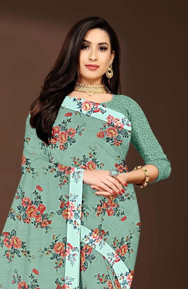 Pastel Green Floral Printed Cotton Saree